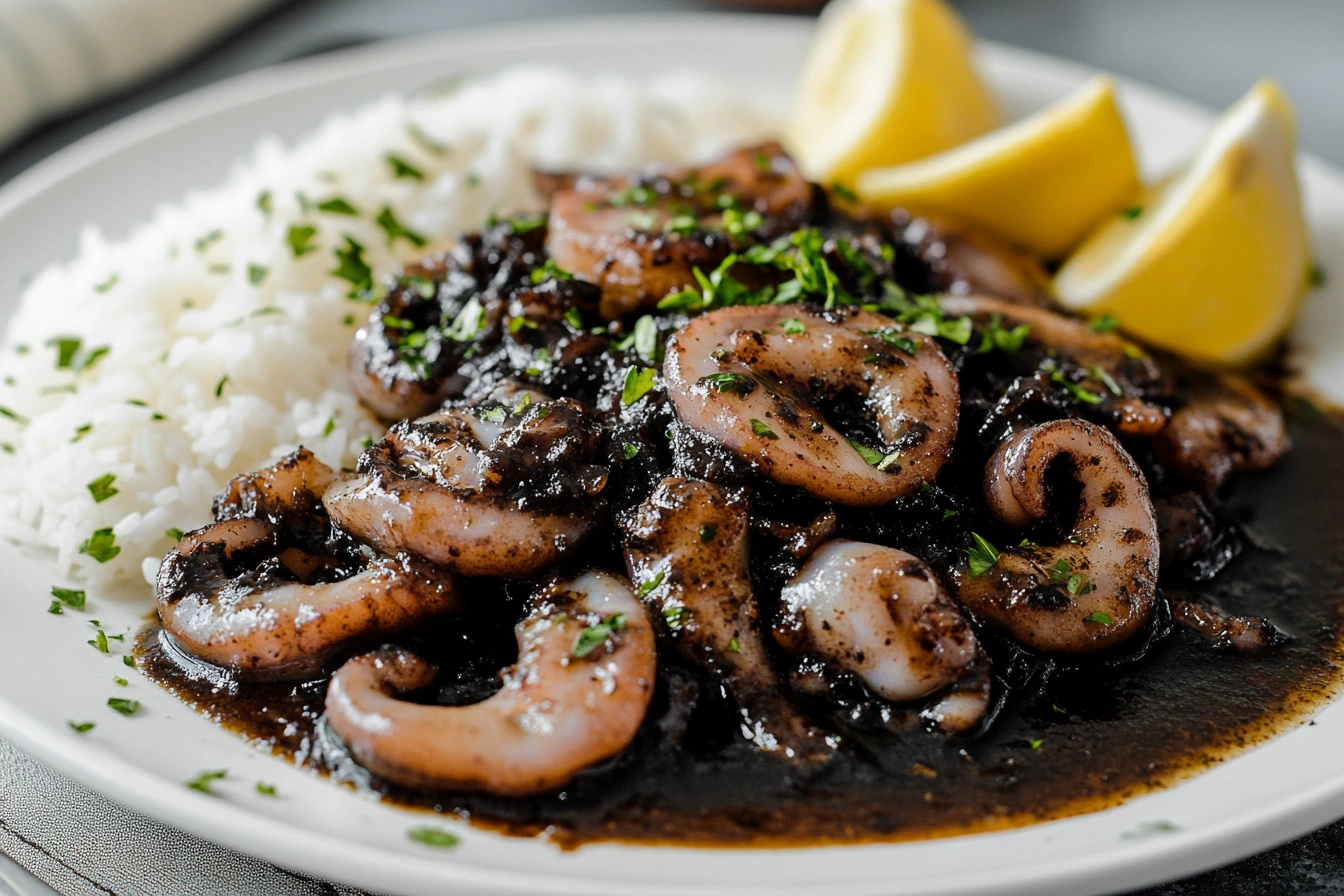 u5855343247 a plate of squid in black ink sauce with rice foo f8344cc6 2425 426e 90c8 cd9caf1fa67d 0
